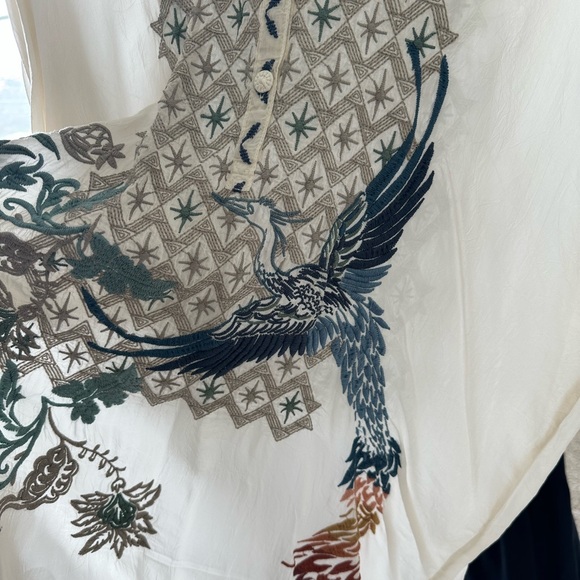 Johnny Was Cream and Green Geometric Blouse - Picture 2 of 4